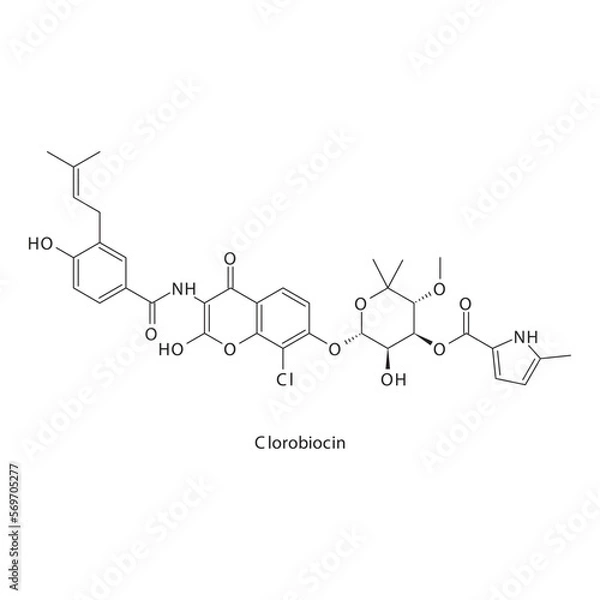 Fototapeta Clorobiocin  flat skeletal molecular structure Aminocoumarin antibiotic drug used in  treatment. Vector illustration.