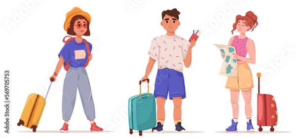 Fototapeta Set of flat vector illustrations of tourists on vacation. Seasonal vacation, adventure travel concept. Tourists with travel suitcases and a road map. Isolated on white background
