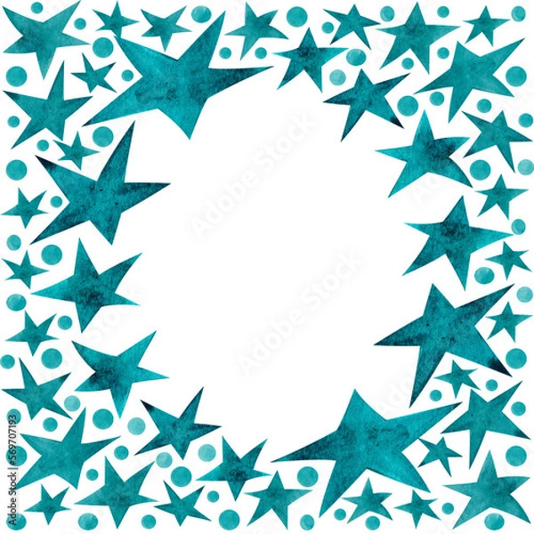 Fototapeta Abstract photo frame made of watercolor stars and circles of different sizes in mint color. Isolated illustration for your design