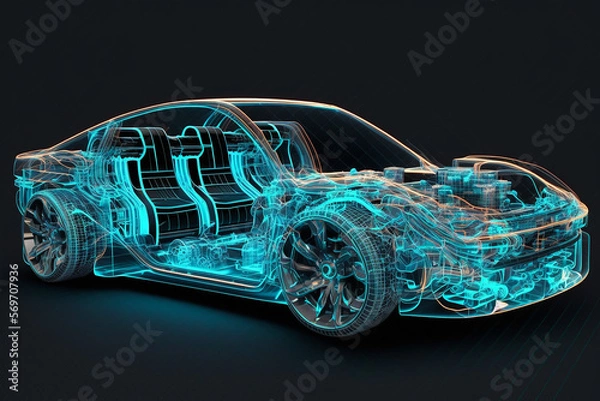 Fototapeta Electric car, fictitious model, with inner parts exposed. AI generated image