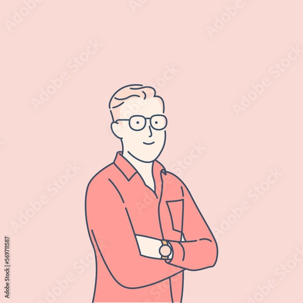Fototapeta Portrait of a smiling young man with glasses, hand drawn style vector design illustration