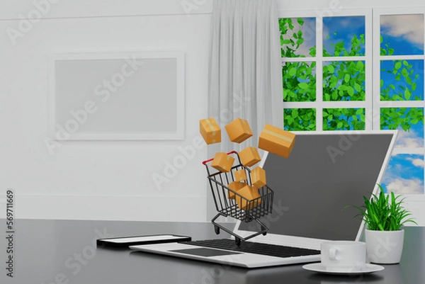 Fototapeta Shopping cart trolley with paper boxes parcel surrounded for shopping and supermarket concept. 3D rendering.