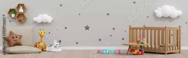 Fototapeta Baby kid room wall decoration, doll and toy, nursery children room, Template Horizontal Banner header for Website, 3D rendering.