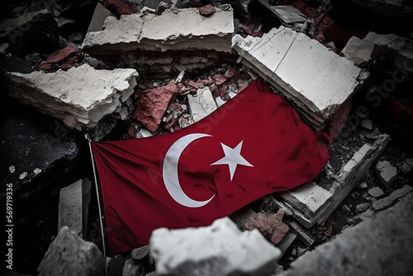 Fototapeta Despair and sadness over the earthquake in Turkey, people are sad and a lot of anguish, rubble and building collapsing, hope for reconstruction.