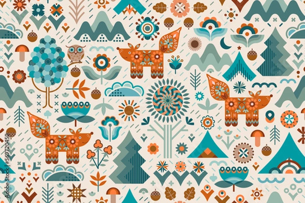 Obraz Stylized flowers, trees, plants, floral elements, geo minimalistic shapes of woodland featuring a cute own and fox in socks. Inspired by the aesthetic of the Scandinavian countries and the Nordic art.