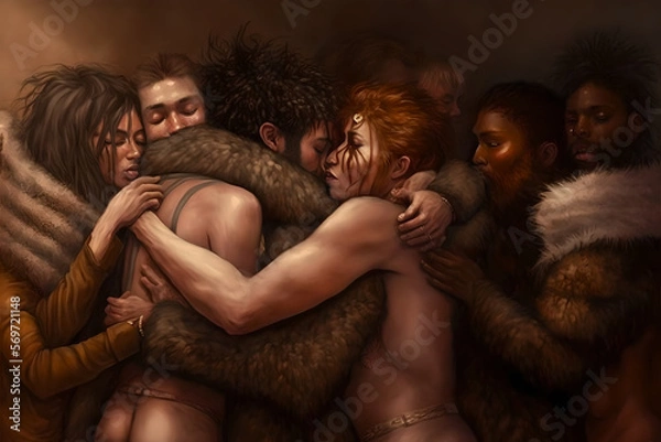 Fototapeta A beautiful AI painting of a loving orgy of many men and women, all hugging and embracing each other at the same time, shirtless or naked, connected both physically and emotionally, sensual and sexual