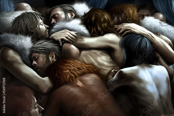 Fototapeta A beautiful AI painting of a loving orgy of many men and women, all hugging and embracing each other at the same time, shirtless or naked, connected both physically and emotionally, sensual and sexual