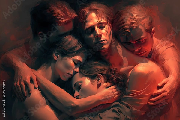 Fototapeta A beautiful AI painting of a loving orgy of many men and women, all hugging and embracing each other at the same time, shirtless or naked, connected both physically and emotionally, sensual and sexual