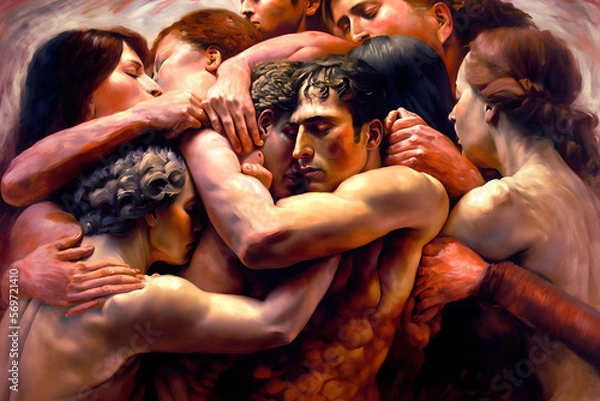 Fototapeta A beautiful AI painting of a loving orgy of many men and women, all hugging and embracing each other at the same time, shirtless or naked, connected both physically and emotionally, sensual and sexual