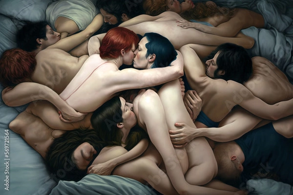 Fototapeta A beautiful AI painting of a loving orgy of many men and women, all hugging and embracing each other at the same time, shirtless or naked, connected both physically and emotionally, sensual and sexual