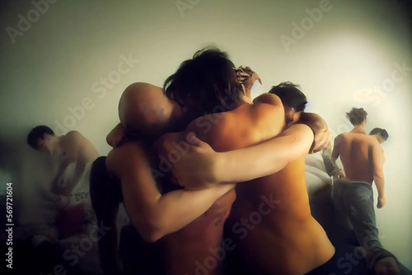 Fototapeta A beautiful AI painting of a loving orgy of many men and women, all hugging and embracing each other at the same time, shirtless or naked, connected both physically and emotionally, sensual and sexual
