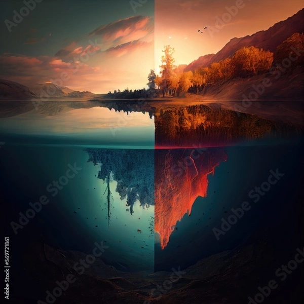 Fototapeta As above so below concept, double exposure illustration, generative ai