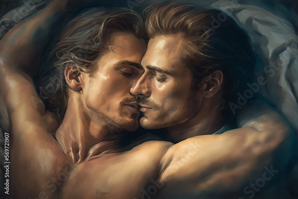 Fototapeta Two gay men, lovers, in an intimate embrace/hug showing great affection and love to each other, LGBTIQ+, naked or clothes. portrait, close up, generative AI (not based on real people). 