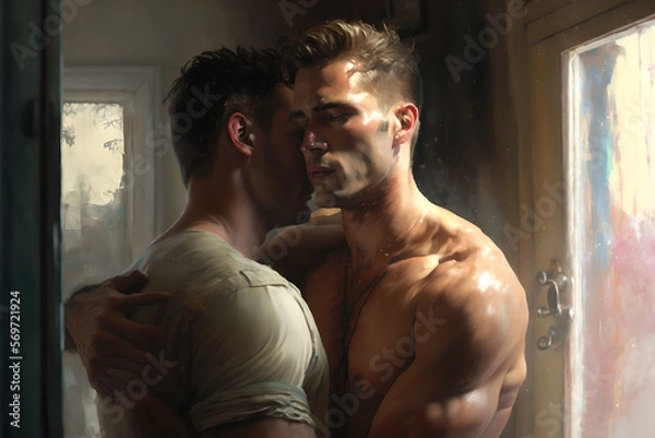 Fototapeta Two gay men, lovers, in an intimate embrace/hug showing great affection and love to each other, LGBTIQ+, naked or clothes. portrait, close up, generative AI (not based on real people). 