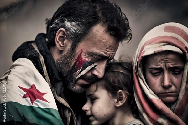Fototapeta Syrian man crying over the rubble and the destruction of the earthquake that hit Syria and Turkey, with the Syrian flag, Generative AI