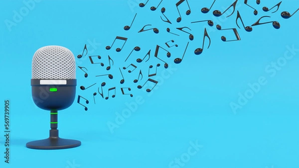 Fototapeta Stand microphone and music notes isolated on blue background. 3D illustration.