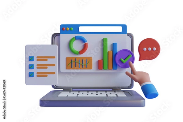 Fototapeta 3D Data analytics, dashboard and business finance report. Online marketing, financial report chart, data analysis, and web development concept. 3d illustration
