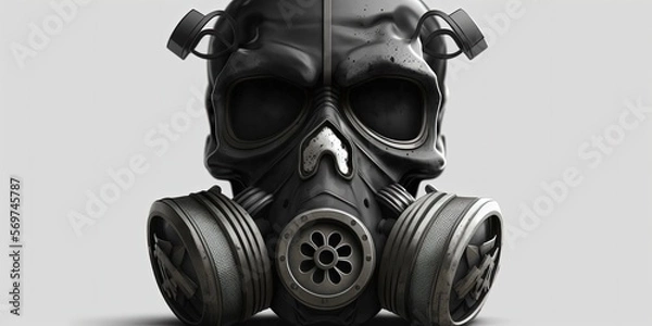 Fototapeta Black skull with gas mask, white background. Generative AI