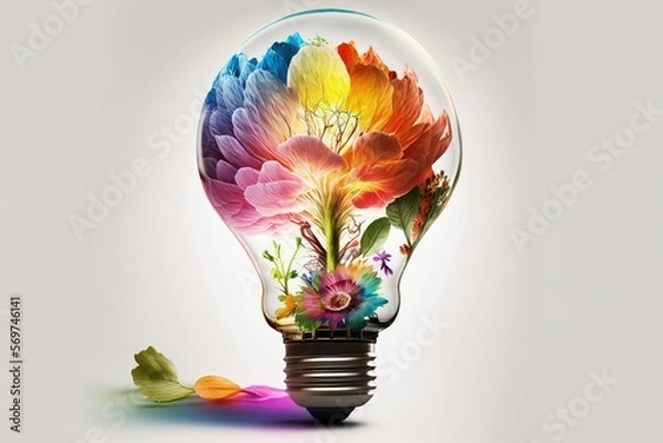 Fototapeta Light bulb illustration with colorful flowers, white background. Generative AI