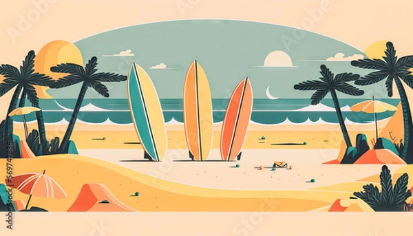 Obraz Surfboard on tropical beach abstract background. Graphic illustration design. Generative AI