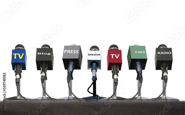 Fototapeta Microphones set-up during press interview