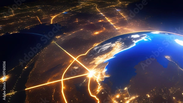Fototapeta earth planet at night viewed from space with white city lights showing activity, Generative AI