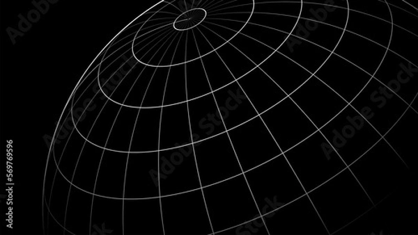 Fototapeta Perspective curved globe. White grid rounded lines on black background. Design for technology, network, illustration, construction, and digital data visualization.