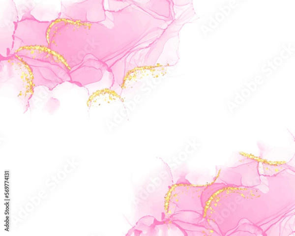 Fototapeta Abstract liquid watercolor background with golden lines, dots, and stains. Pastel marble alcohol ink drawing effect. Vector illustration design template with space