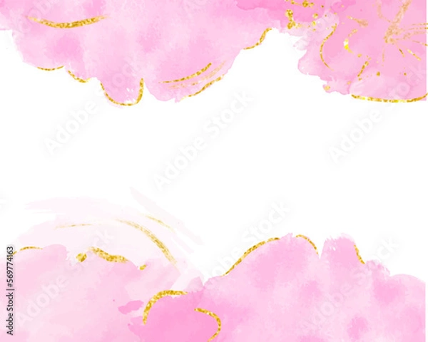 Fototapeta Pink watercolor background with golden dots. Dusty blush marble drawing effect. Vector illustration design template for wedding invitation