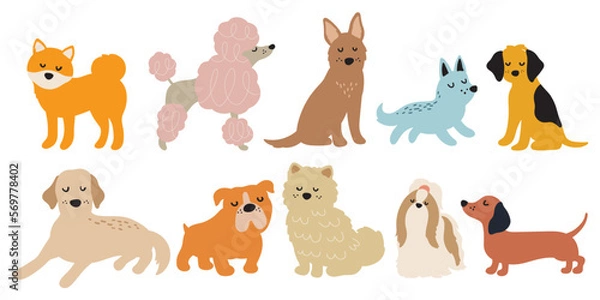 Fototapeta Set of simple dog doodles vector illustration. Drawing sketches of different dog breeds including a Shiba Inu, Poodle, Bulldog, Shih Tzu, Chow Chow, Dachshund, Wiener, German Shepherd, Labrador.
