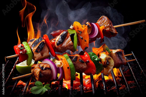 Fototapeta Schaschlik - Spieß mit Fleisch und Gemüse auf einen brennenden Grill - Generative Ai 