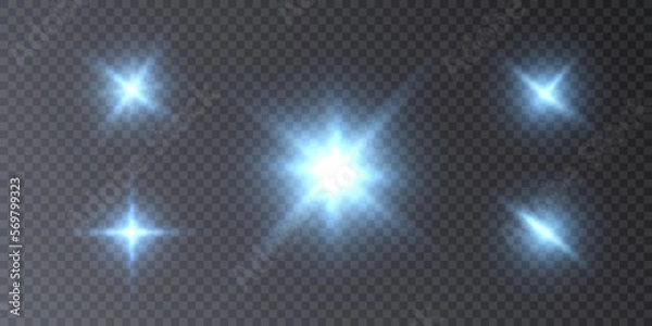 Fototapeta Glow of blue light stars on a transparent background. Collection of blurred spotlight light vectors. Flash, sun, flicker. Vector 