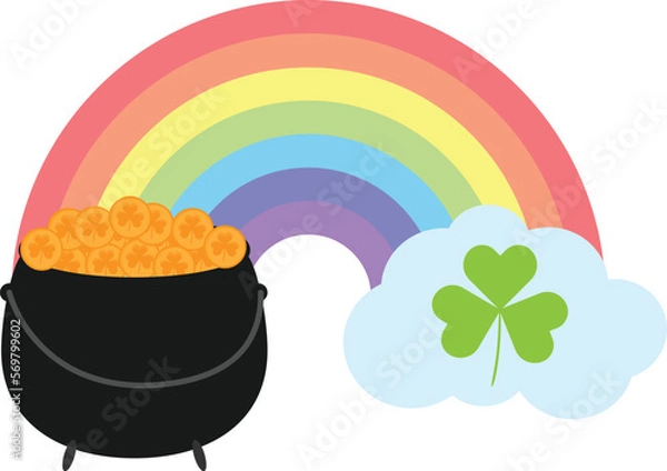 Fototapeta rainbow with clover and pot of gold coin vector image st patricks day