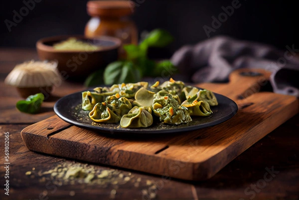 Fototapeta Appetitanregende Tortellinis mit Basilikumpesto - Generative Ai