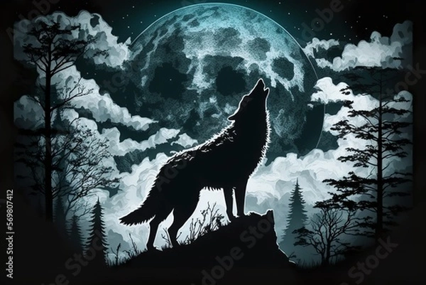 Fototapeta Wolf howling on a cliff in the full moon