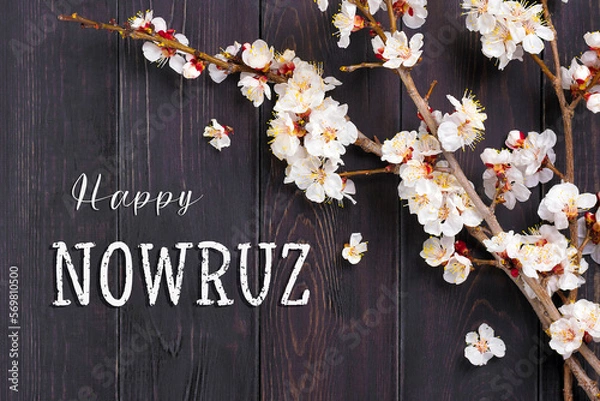 Fototapeta Sprigs of the apricot tree with flowers Text Happy Nowruz Holiday Concept of spring came Top view Flat lay Hello march, april, may, persian new year