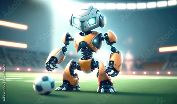 Fototapeta A cute robot playing football in the game field