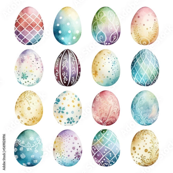 Fototapeta Set of  on watercolor painted easter eggs transparent PNG, elements, illustrations, isolated, Generative AI