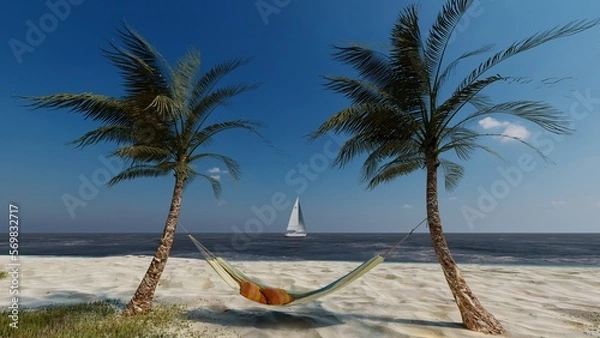 Fototapeta Palm trees in Paradise white sand beach, blue sky and sailboat in tropical sea in exotic island.