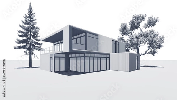 Fototapeta Architecture model. Bim model of a modern house, white background. 3d render.