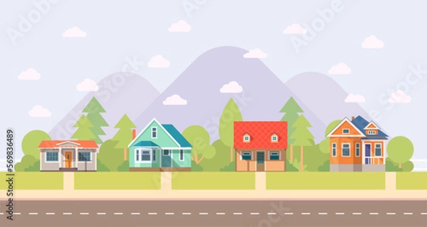 Fototapeta Landscape houses on the background of mountains in cartoon style for print and design.Vector illustration.