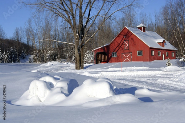 Obraz Red barn covered with fresh snow