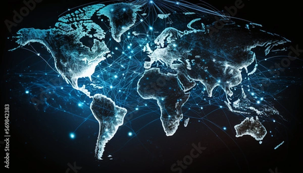 Fototapeta Hologram of network line go around the world for connecting people together created with generative AI Technology 