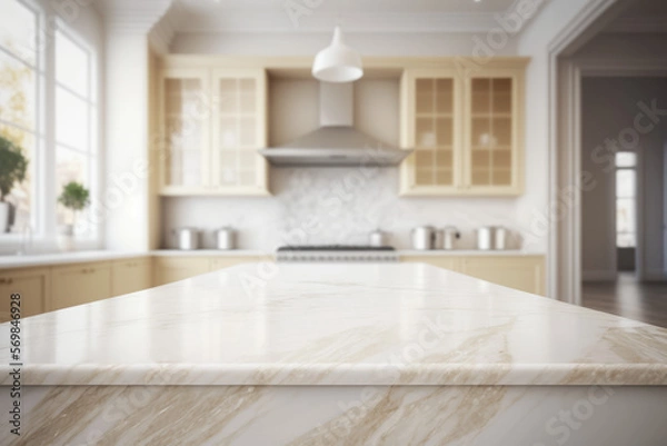 Fototapeta Empty marble table top, against a blurred minimalist kitchen background, Generative AI