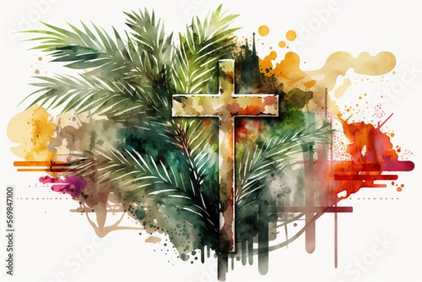 Fototapeta Palm sunday background. Cross and palm watercolor Generative AI