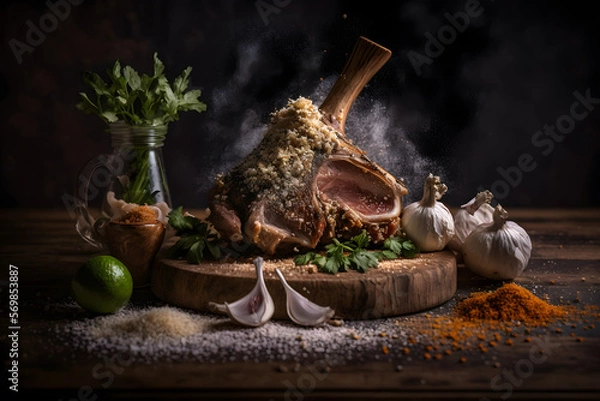 Fototapeta Fresh Schweinshaxe with spices, garlic and salt food photography made with Generative AI