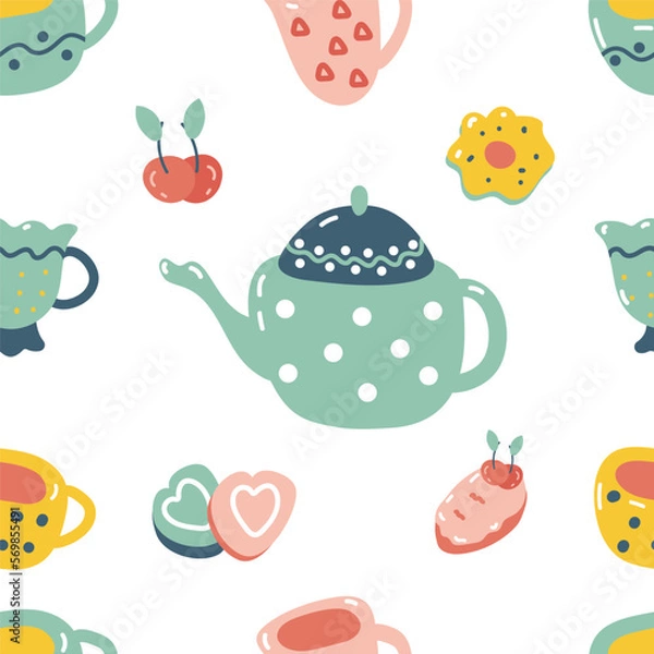 Fototapeta Vector seamless pattern with sweets, cakes, biscotti, cup and teapot