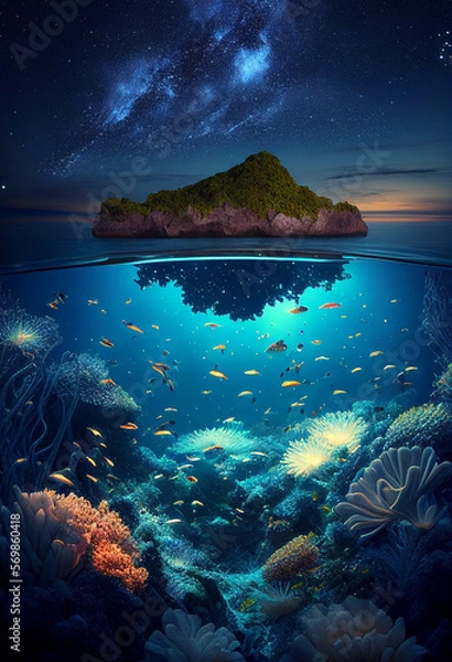 Obraz Colorful coral reef and fish. Clean underwater world scene. (Created with Generative AI technology)
