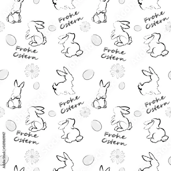 Fototapeta Seamless pattern with Easter bunnies, eggs, flowers and an inscription in German on a white background. Translation: Happy Easter. The concept of the arrival of spring, Easter. Vector image