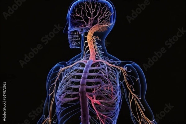 Fototapeta Medical illustration of a man's nervous system. Concept. Generative AI.